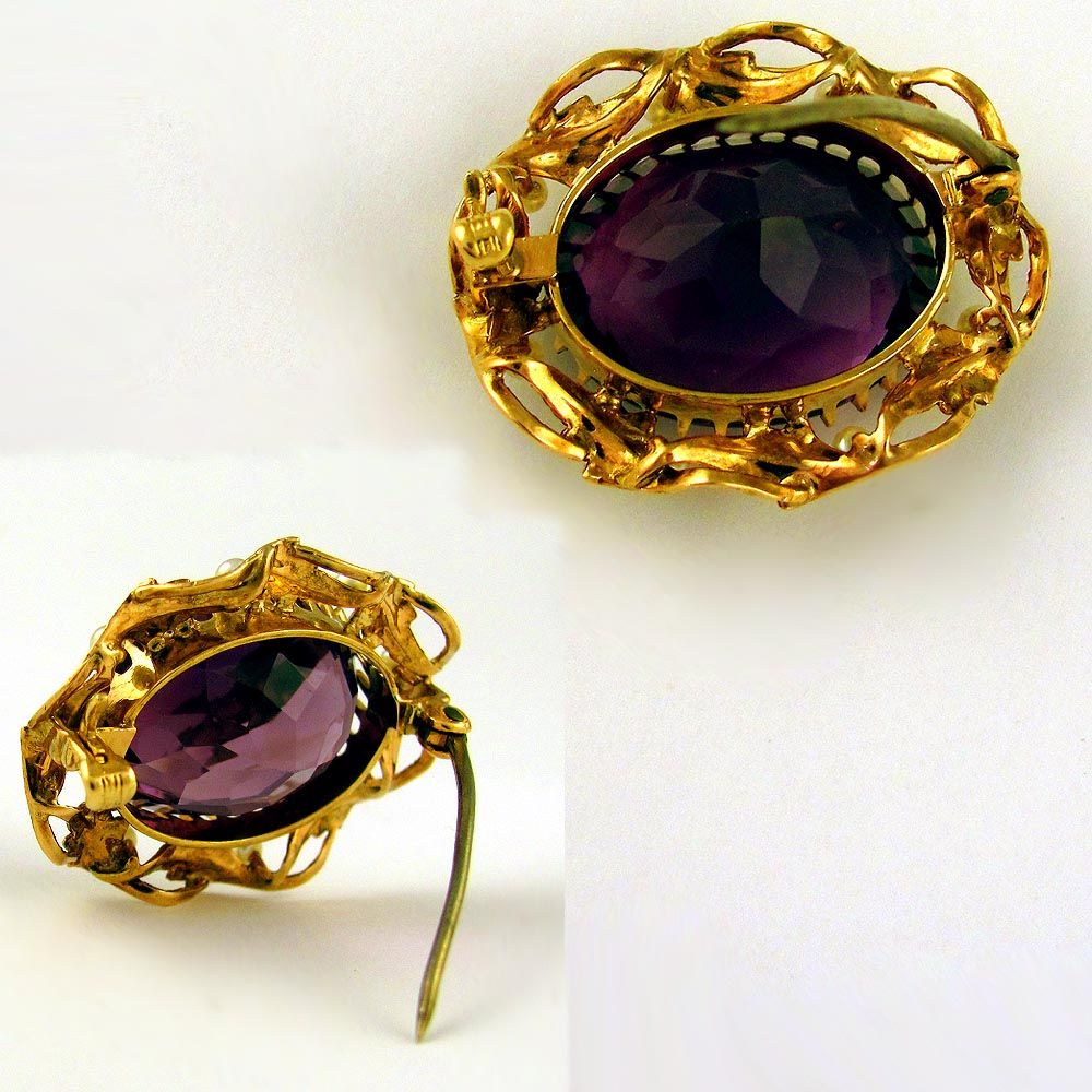 Large Antique 14k Gold Amethyst And Seed Pearl Brooch Pin