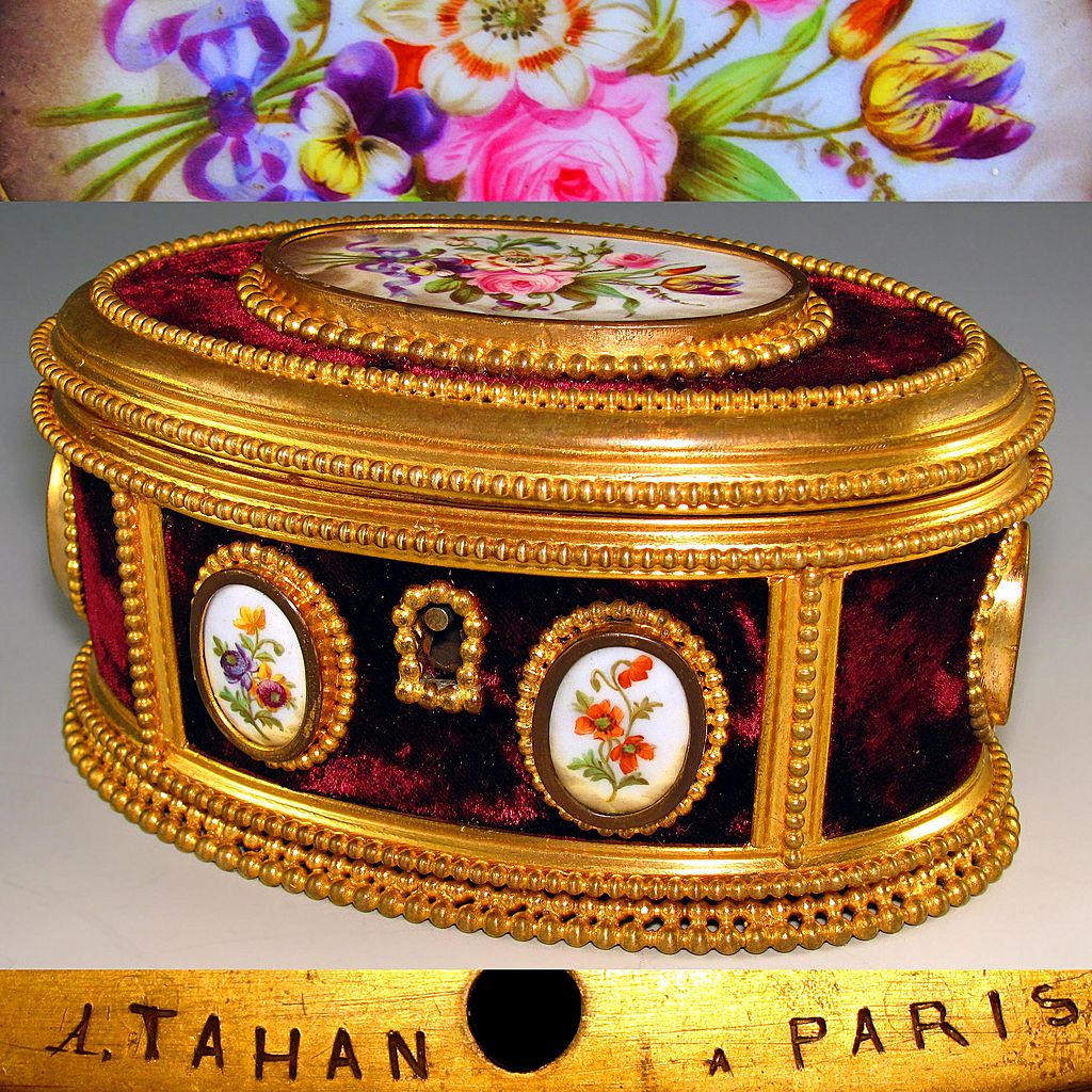 Antique French Signed TAHAN Gilt Bronze & Hand Painted Porcelain Jewelry Casket / Box Antique French Signed TAHAN Gilt Bronze & Hand Painted Porcelain Jewelry Casket / Box