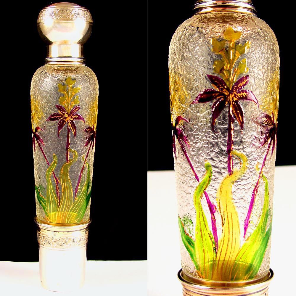 Antique French Sterling Silver Vermeil Art Glass Liquor Bottle Flask Antique French Sterling Silver Vermeil Art Glass Liquor Bottle Flask