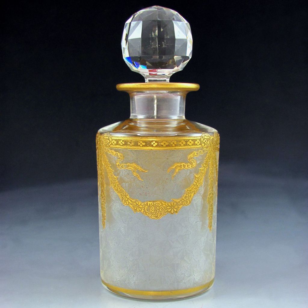 Antique French Acid Etched & Gilt Decorated Crystal Vainty Perfume