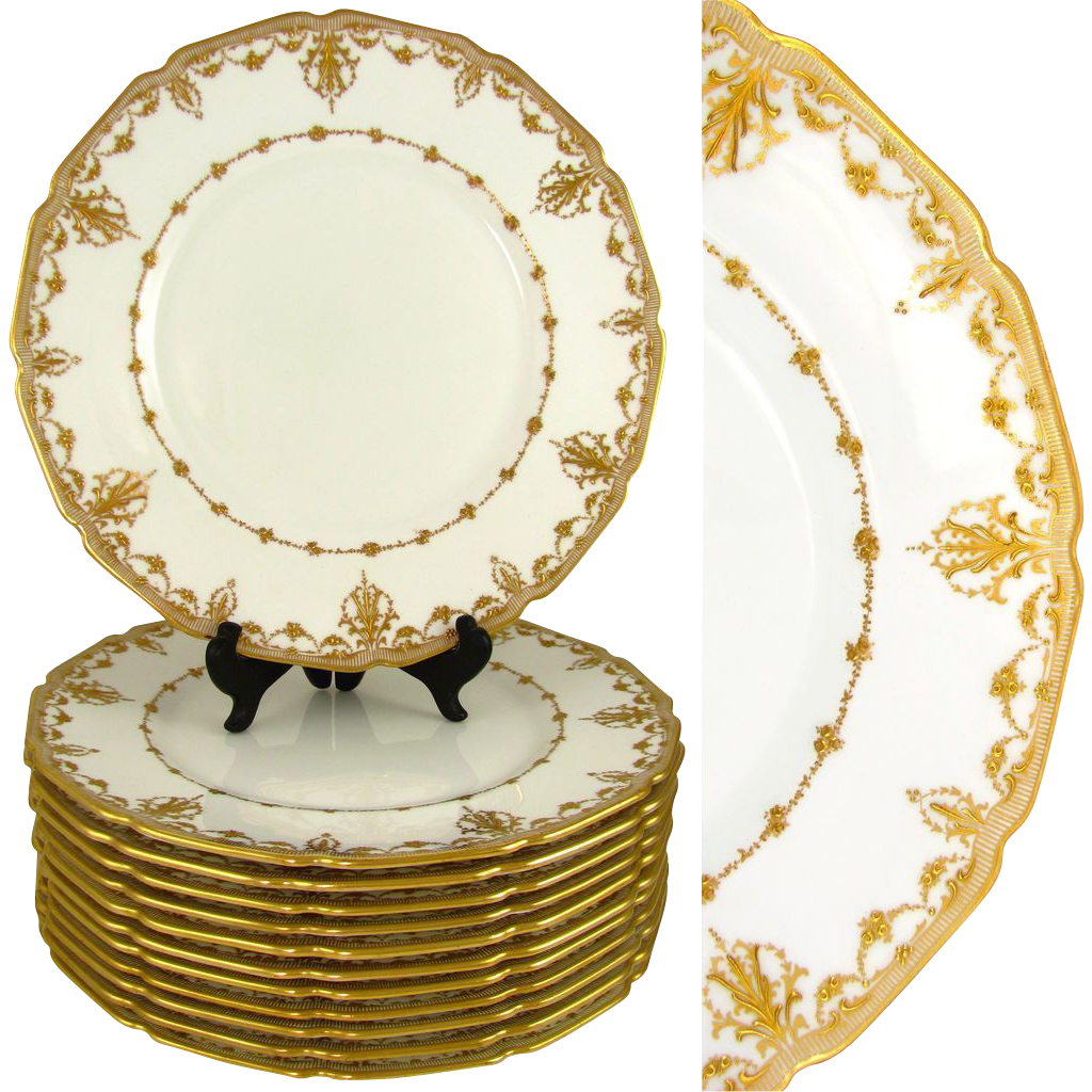 12 Royal Doulton English Porcelain Dinner Plates Set Raised Gold
