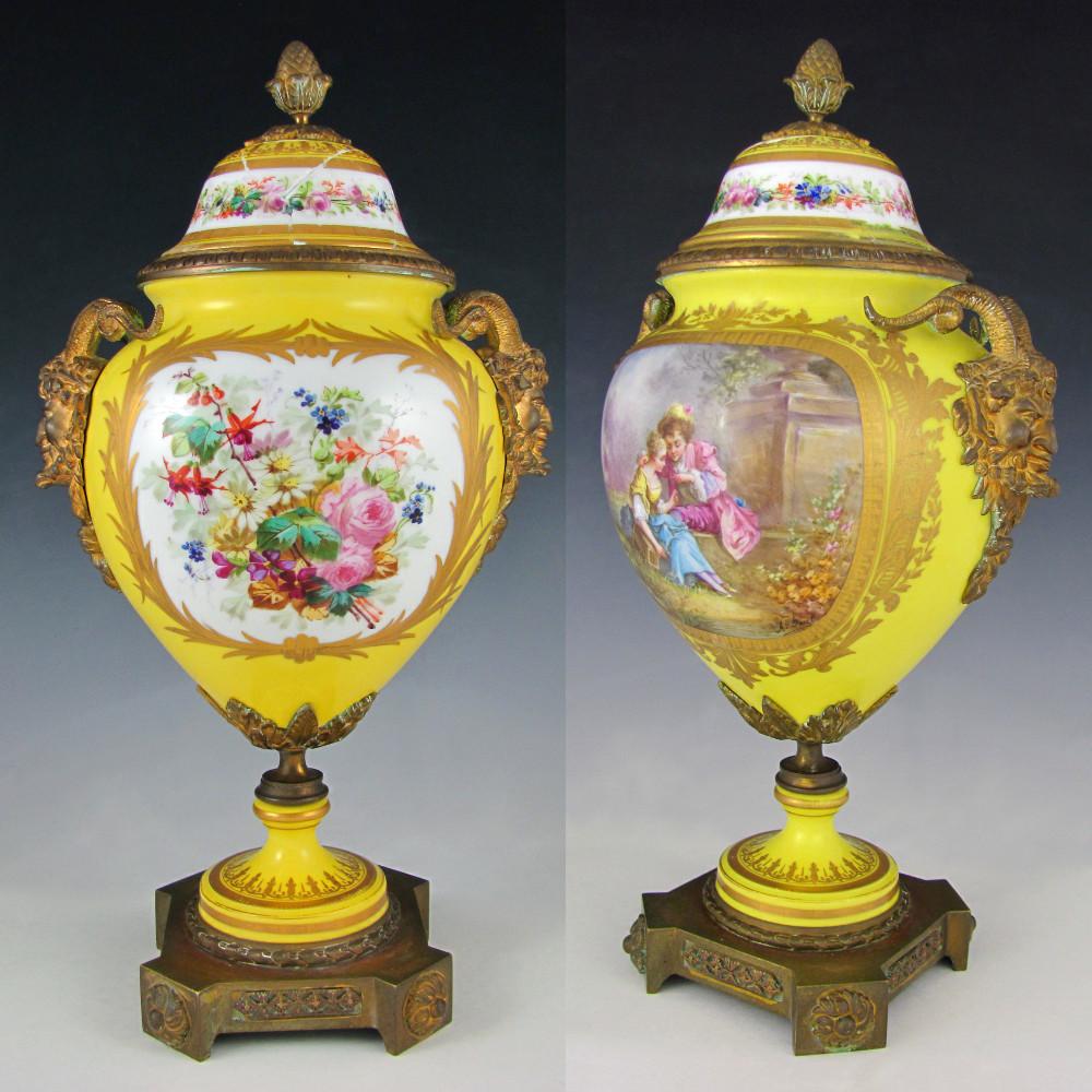 Antique French Sevres Porcelain Urn Satyr Bronze Handles Hand Painted Scene