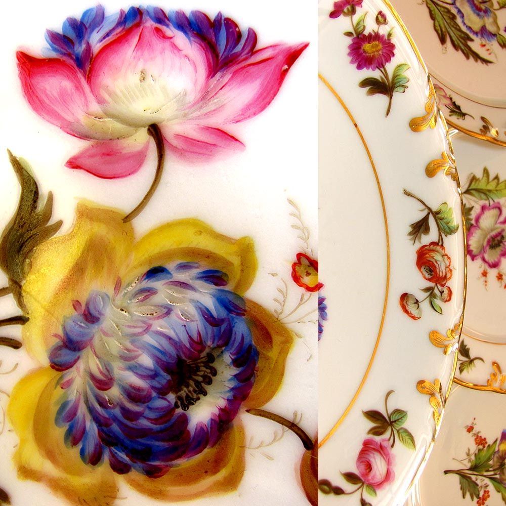 Antique French Pillivuyt Gilt Porcelain Hand Painted Flowers Dessert Set Antique French Pillivuyt Gilt Porcelain Hand Painted Flowers Dessert Set