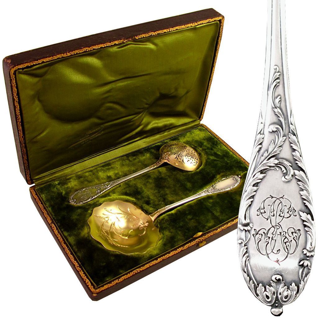 Antique French Sterling Silver Gilt Vermeil Dessert Serving Set, Strawberry Spoon & Sugar Sifter, VICTOR BOIVIN Antique French Sterling Silver Gilt Vermeil Dessert Serving Set, Strawberry Spoon & Sugar Sifter, VICTOR BOIVIN