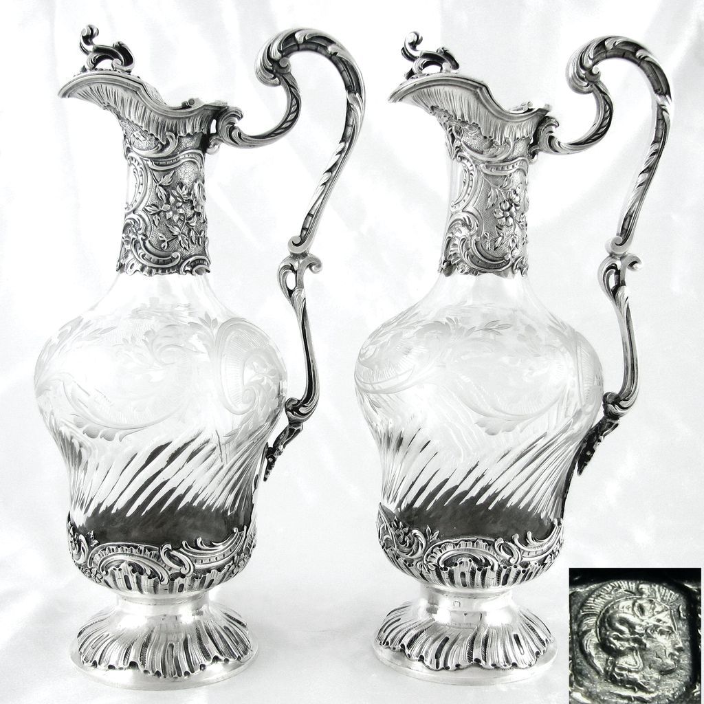 Pair Antique French Sterling Silver Cut Crystal Ewers Wine Decanters
