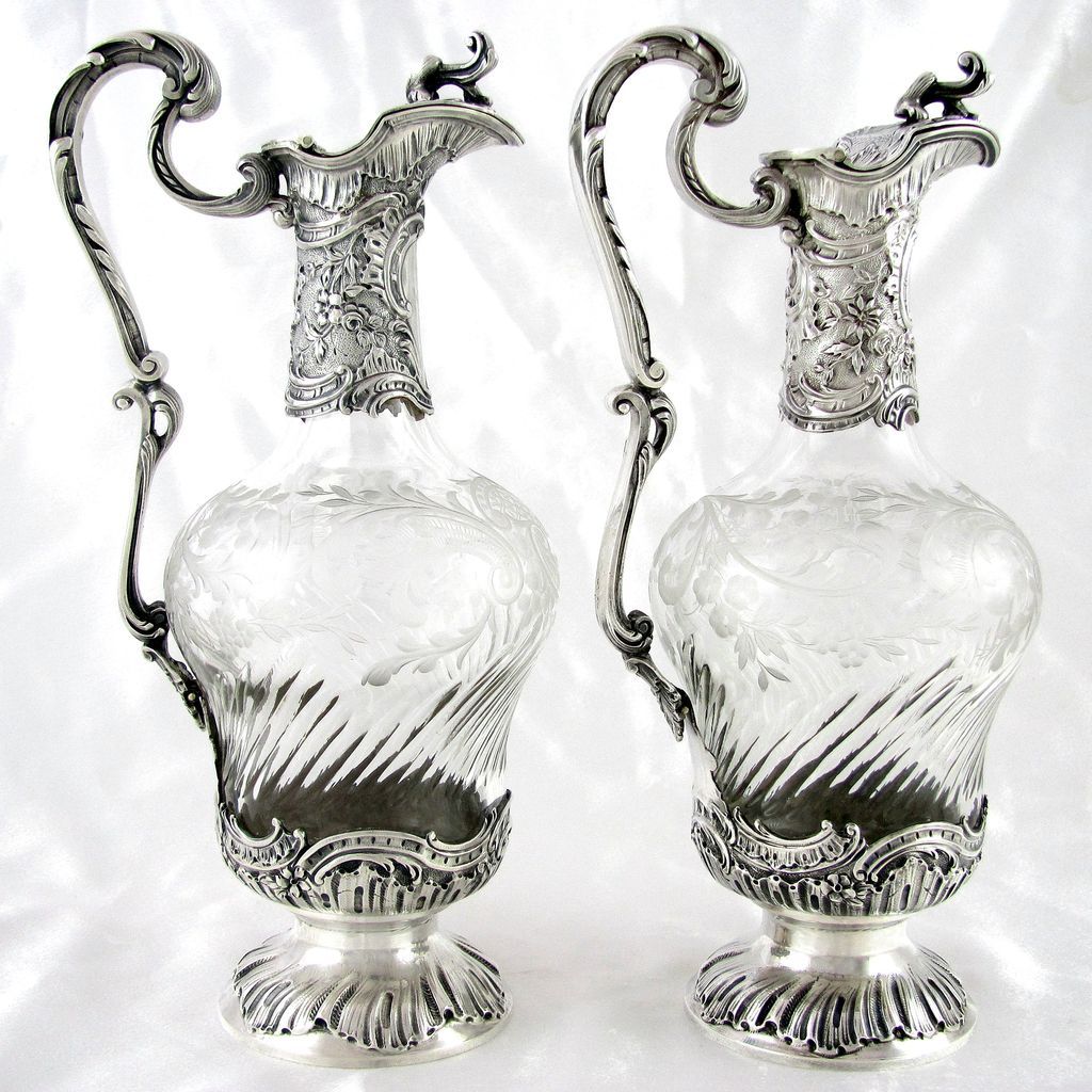 Pair Antique French Sterling Silver Cut Crystal Ewers Wine Decanters