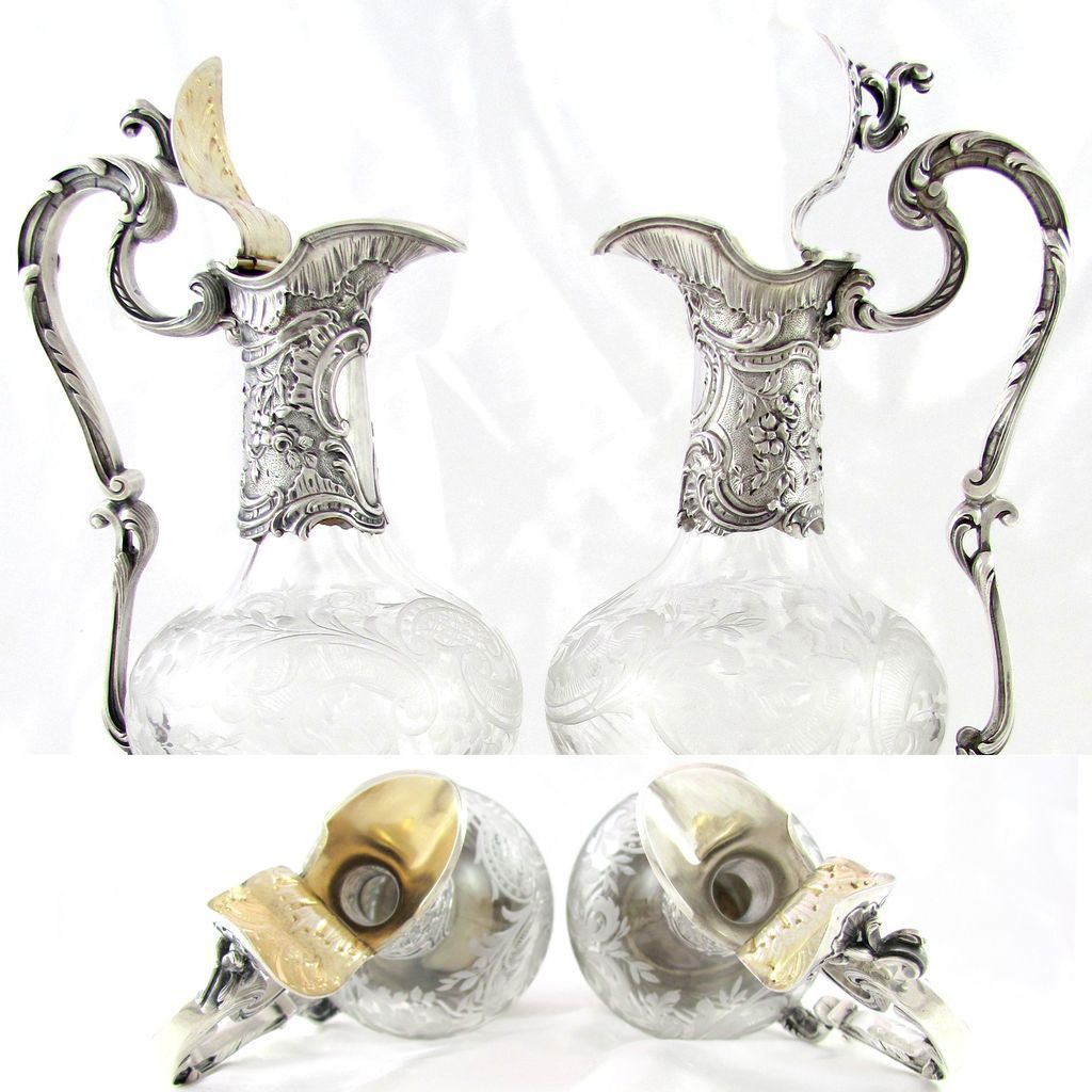 Pair Antique French Sterling Silver Cut Crystal Ewers Wine Decanters