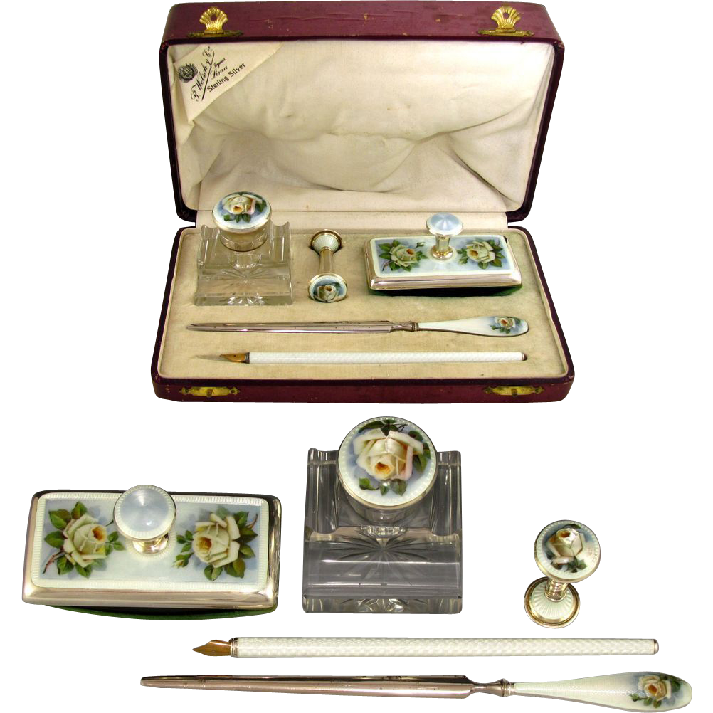Antique Sterling Silver 935 Guilloche Enamel Writing Desk Set Inkwell