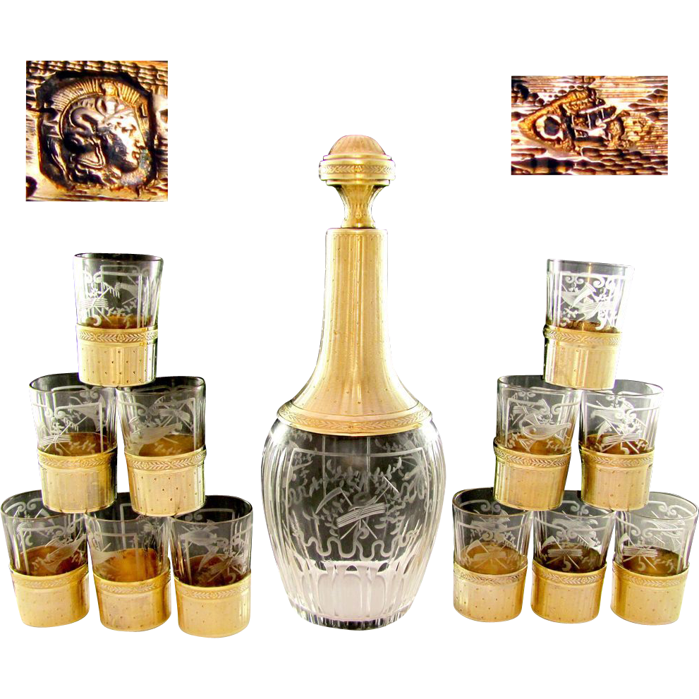 Antique French Sterling Silver Vermeil Cut Crystal Liquor Decanter