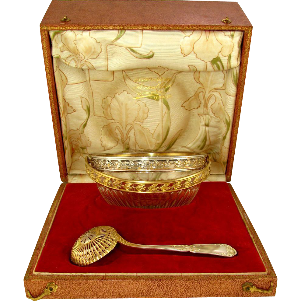 Antique French Sterling Silver Puiforcat Cut Crystal Sugar Bowl Sifter