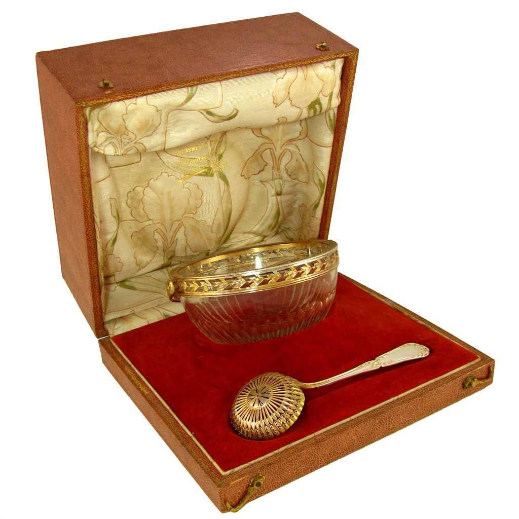 Antique French Sterling Silver Puiforcat Cut Crystal Sugar Bowl Sifter