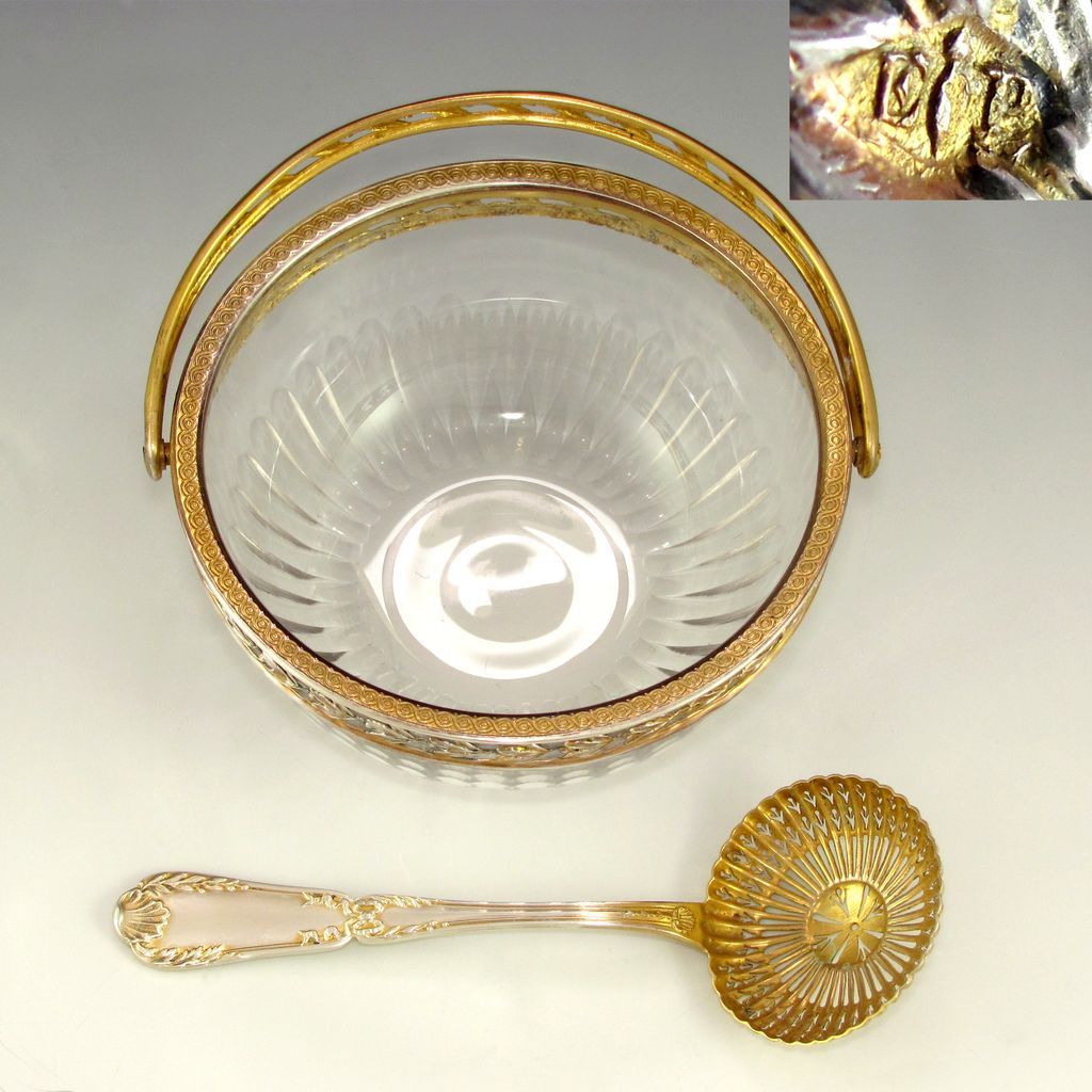 Antique French Sterling Silver Puiforcat Cut Crystal Sugar Bowl Sifter