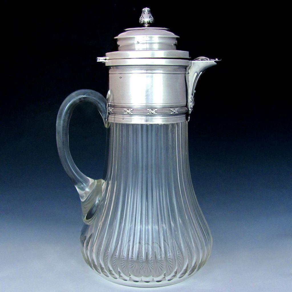 Antique French Sterling Silver Cut Crystal Serving Decanter, Pitcher
