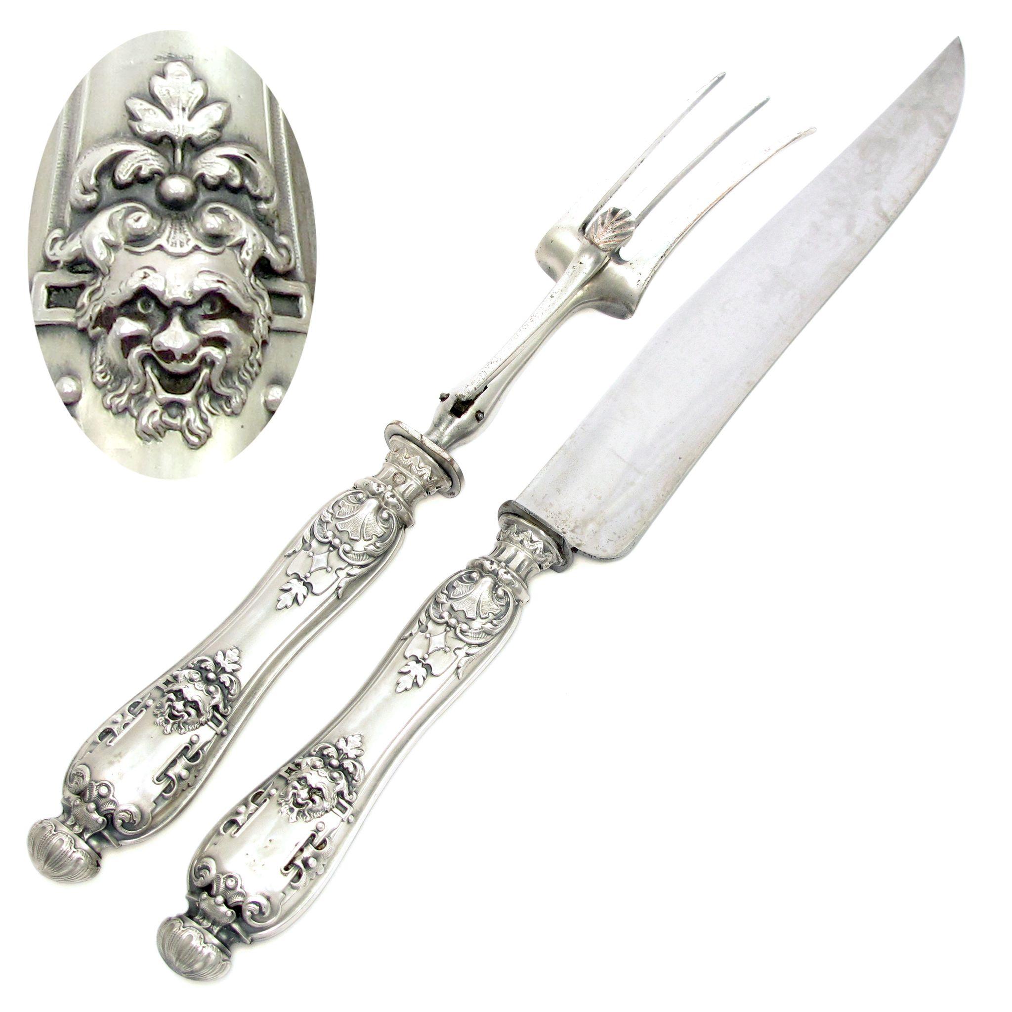 Ornate Antique French Sterling Silver Meat Serving Set Carving Knife