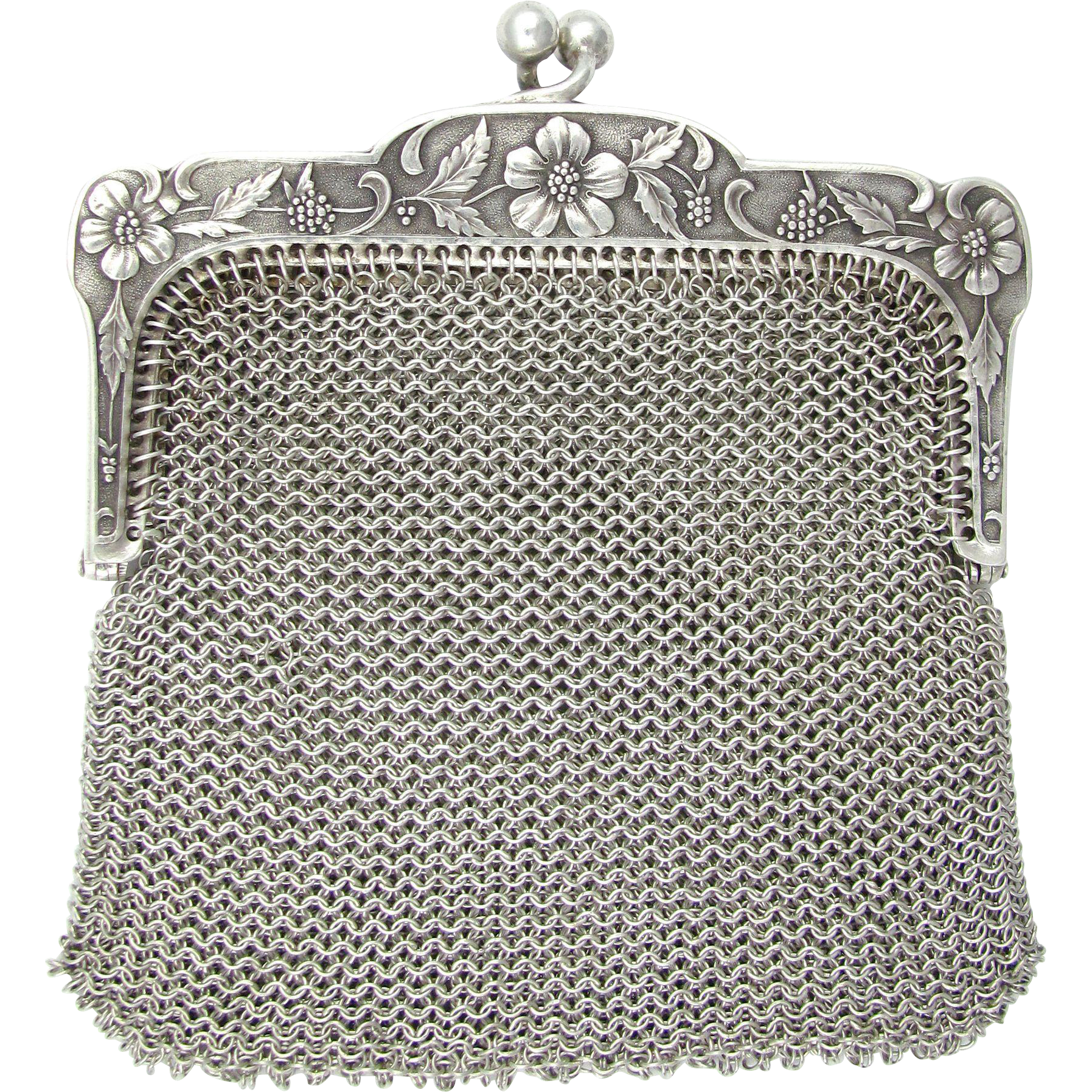 Antique French .800 Silver Chain Mail Mesh Chatelaine Purse, Flowers & Berries