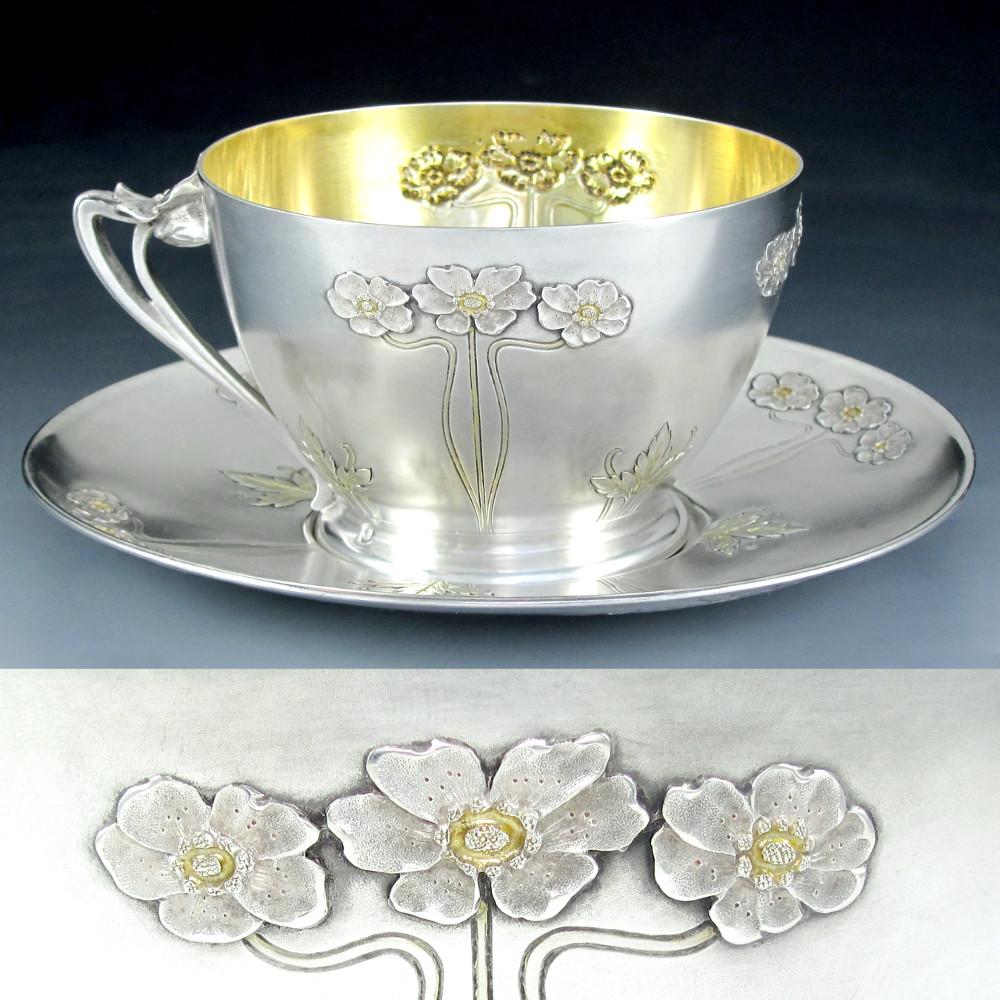 Large Art Nouveau French Sterling Silver Gilt Vermeil Coffee Tea Cup