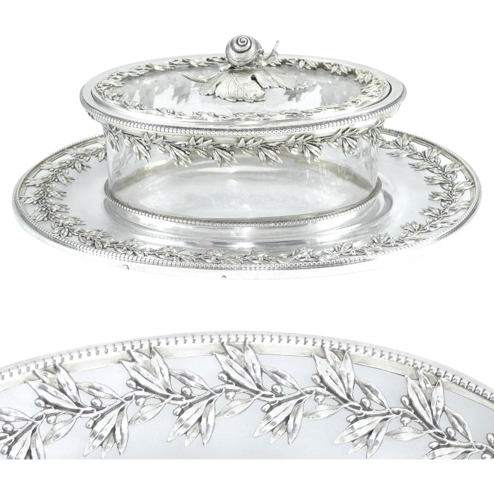 Ornate Antique French Sterling Silver & Cut Crystal Figural Butter