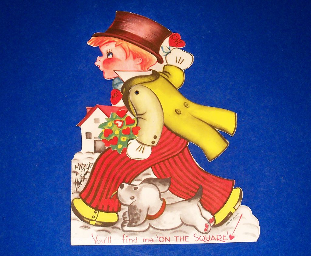 Vintage Mechanical Top Hat Boy With Bouquet Valentine - Marked Vintage Mechanical Top Hat Boy With Bouquet Valentine - Marked