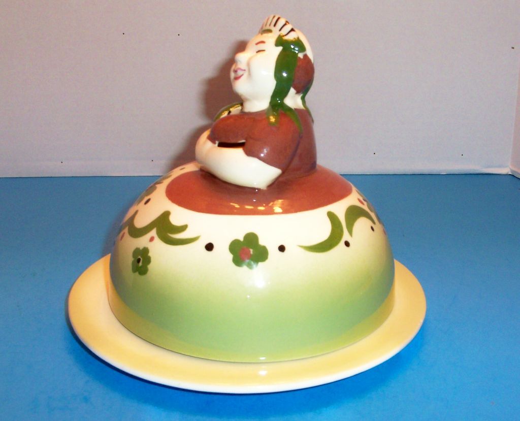California Pottery: Cleminsons: Dutch Frau Handpainted Porcelain Figural Covered Butter Dish - Marked California Pottery: Cleminsons: Dutch Frau Handpainted Porcelain Figural Covered Butter Dish - Marked