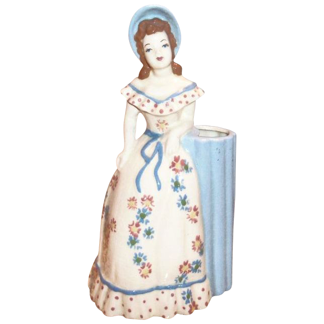 California Pottery: Weil: 1940s Country Girl Flower Holder Figurine California Pottery: Weil: 1940s Country Girl Flower Holder Figurine