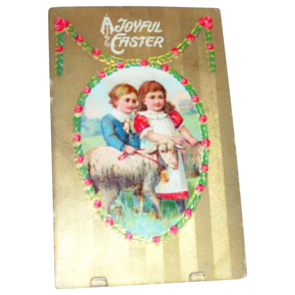 "A Joyful Easter" Boy & Girl with Lamb or Ewe Postcard - Marked "A Joyful Easter" Boy & Girl with Lamb or Ewe Postcard - Marked