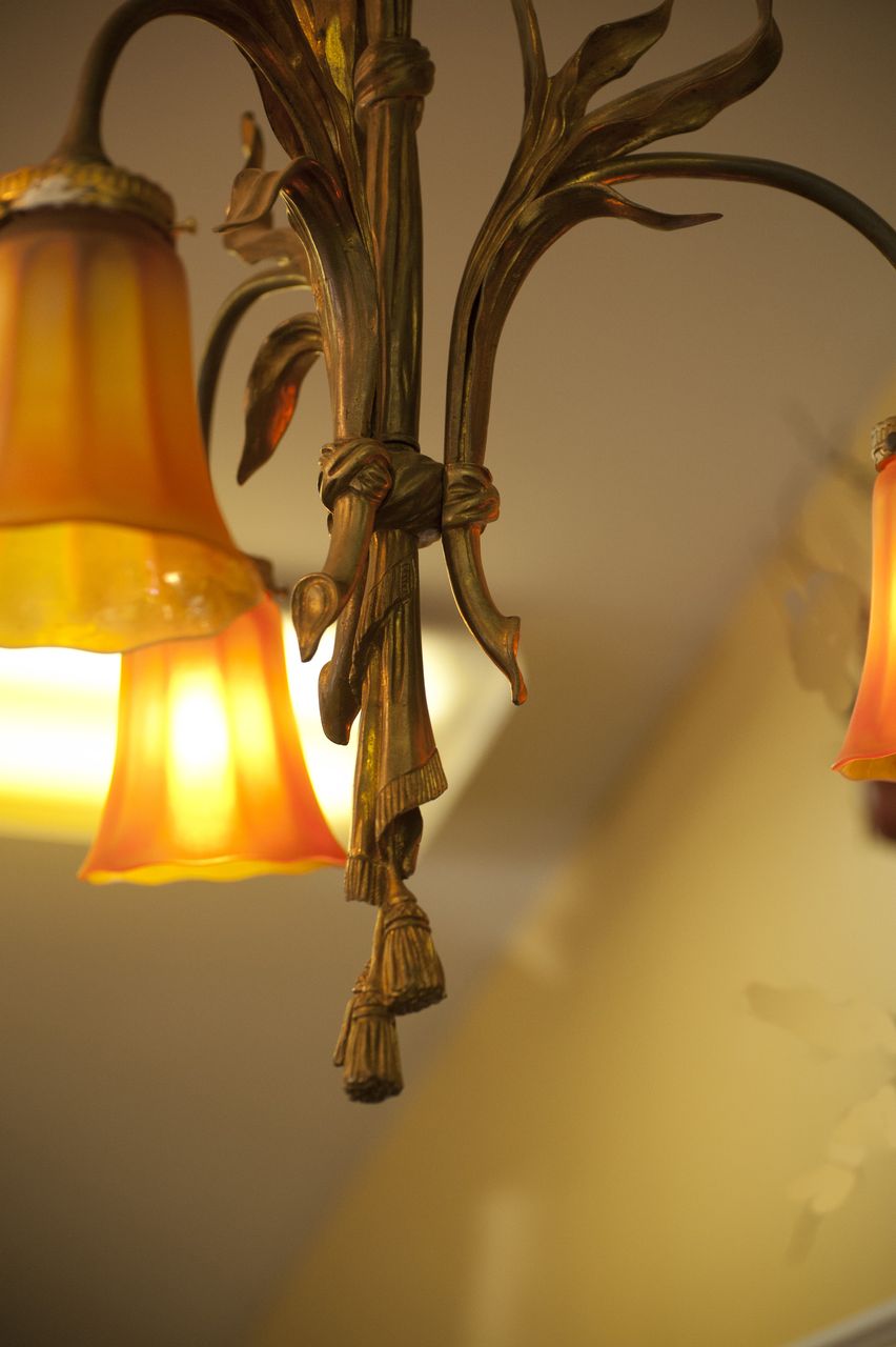 French Three Arm Dore Bronze Chandelier with Antique Glass Shades French Three Arm Dore Bronze Chandelier with Antique Glass Shades