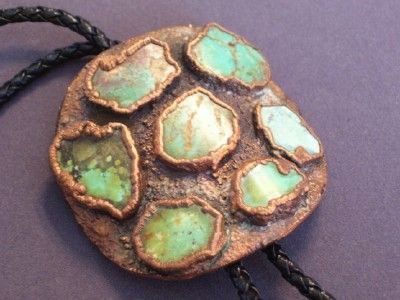 Vintage BELL Copper Turquoise Chunk Southwestern Native American Unisex Round Medallion Bolo Slider Tie Vintage BELL Copper Turquoise Chunk Southwestern Native American Unisex Round Medallion Bolo Slider Tie