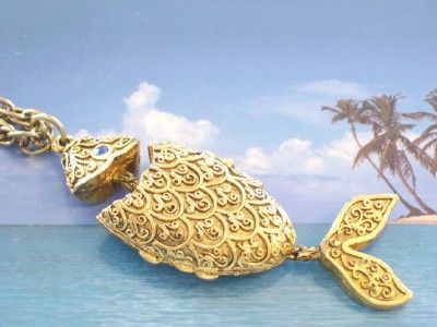 Vintage Ornate CORDAY Goldtone Articulated Fish Perfume Locket Pendant Necklace Vintage Ornate CORDAY Goldtone Articulated Fish Perfume Locket Pendant Necklace
