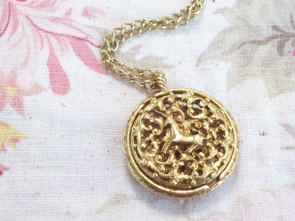 Rare Vintage Corday Golden Unicorn Ornate Filigree Twist Perfume Locket Pendant Necklace Rare Vintage Corday Golden Unicorn Ornate Filigree Twist Perfume Locket Pendant Necklace