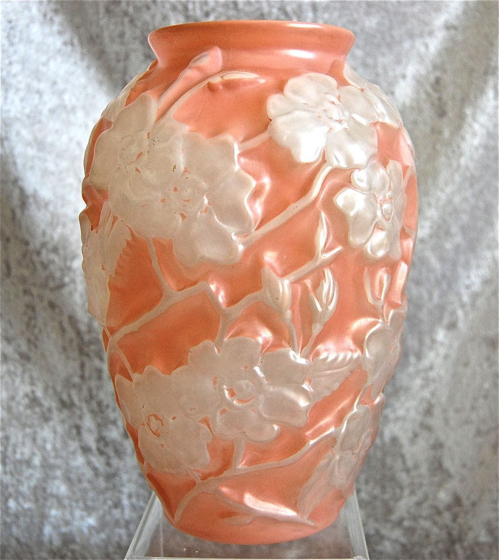 Phoenix Glass Sculptured Artware "Wild Rose" Vase, Coral Satin Crystal, Ca. 1934 Phoenix Glass Sculptured Artware "Wild Rose" Vase, Coral Satin Crystal, Ca. 1934