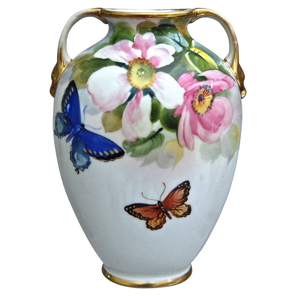 Noritake Nippon Hand Painted Floral Vase w/Butterflies Noritake Nippon Hand Painted Floral Vase w/Butterflies