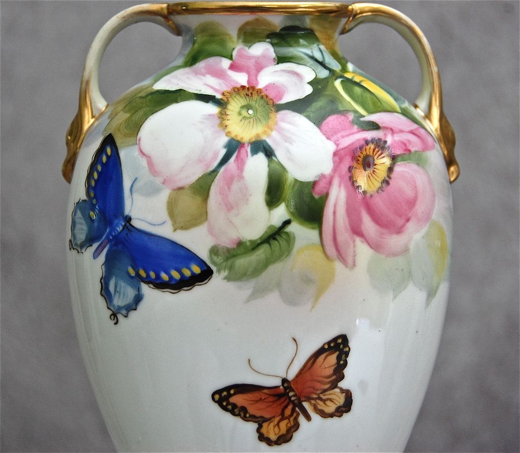 Noritake Nippon Hand Painted Floral Vase w/Butterflies Noritake Nippon Hand Painted Floral Vase w/Butterflies