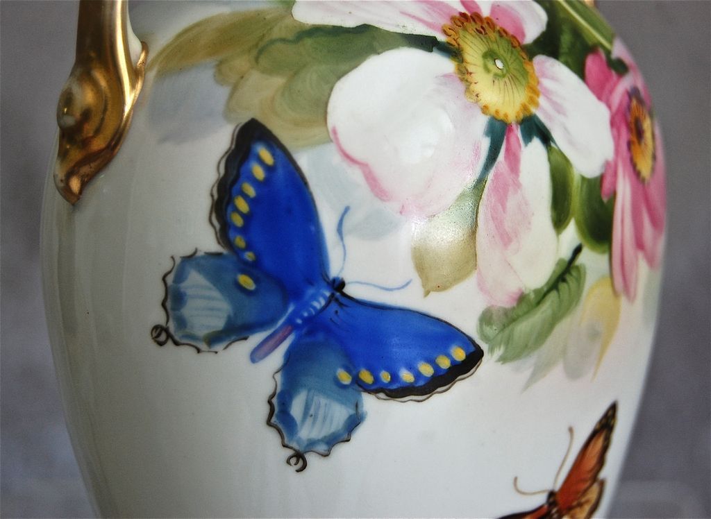 Noritake Nippon Hand Painted Floral Vase w/Butterflies Noritake Nippon Hand Painted Floral Vase w/Butterflies