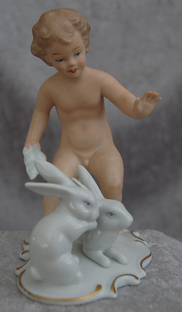 Wallendorf Porcelain Figurine, "Boy With Rabbits", c 1960's Wallendorf Porcelain Figurine, "Boy With Rabbits", c 1960's