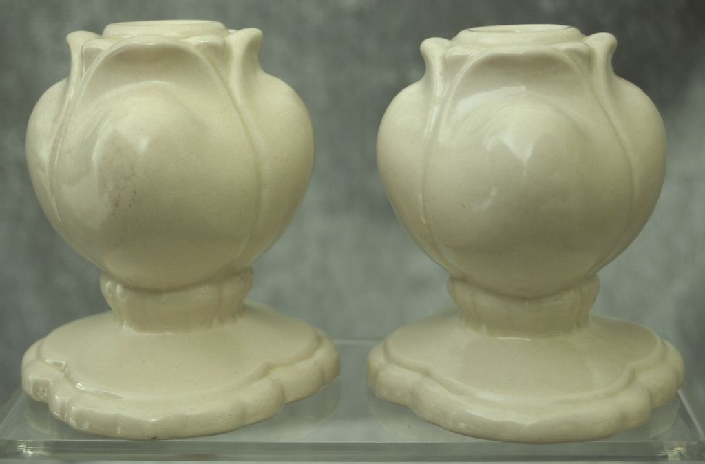 Cowan Pottery "Floriform" Candlesticks #735 Ca. 1926, Pair, Ivory Cowan Pottery "Floriform" Candlesticks #735 Ca. 1926, Pair, Ivory