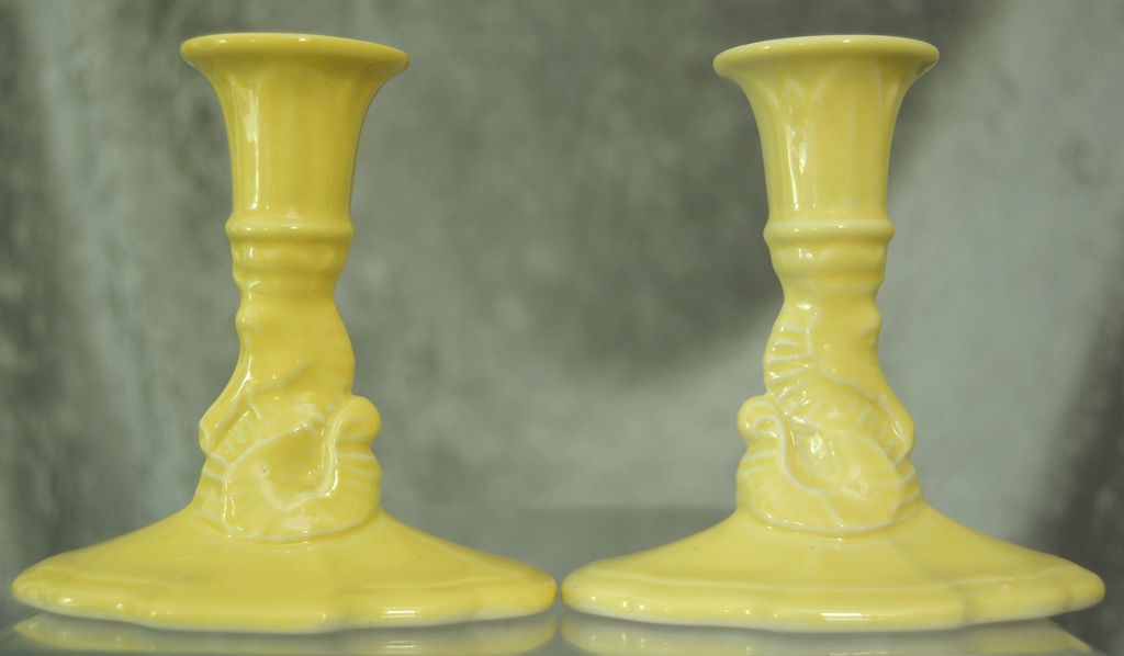 Cowan Pottery Seahorse Candlesticks, Pair, Ca. 1928, Daffodil Yellow Cowan Pottery Seahorse Candlesticks, Pair, Ca. 1928, Daffodil Yellow