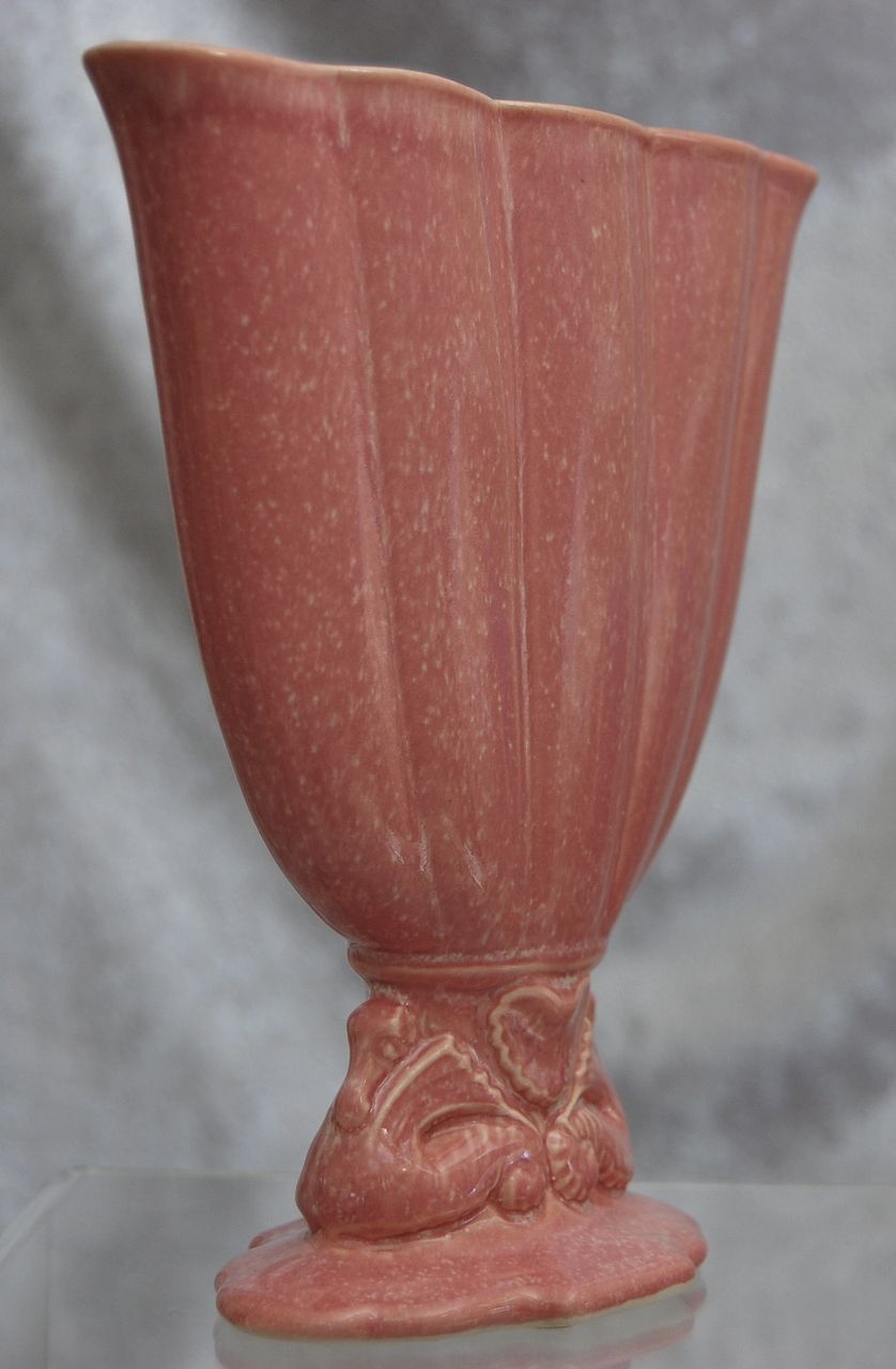 Cowan Pottery 7" Seahorse Fan Vase Ca. 1926, Apple Blossom Pink Cowan Pottery 7" Seahorse Fan Vase Ca. 1926, Apple Blossom Pink