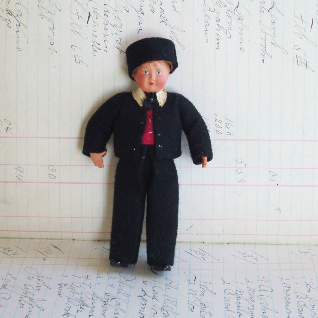 Celluloid Boy European Doll with black felt suite and hat, Jointed Hand Painted Celluloid Boy European Doll with black felt suite and hat, Jointed Hand Painted