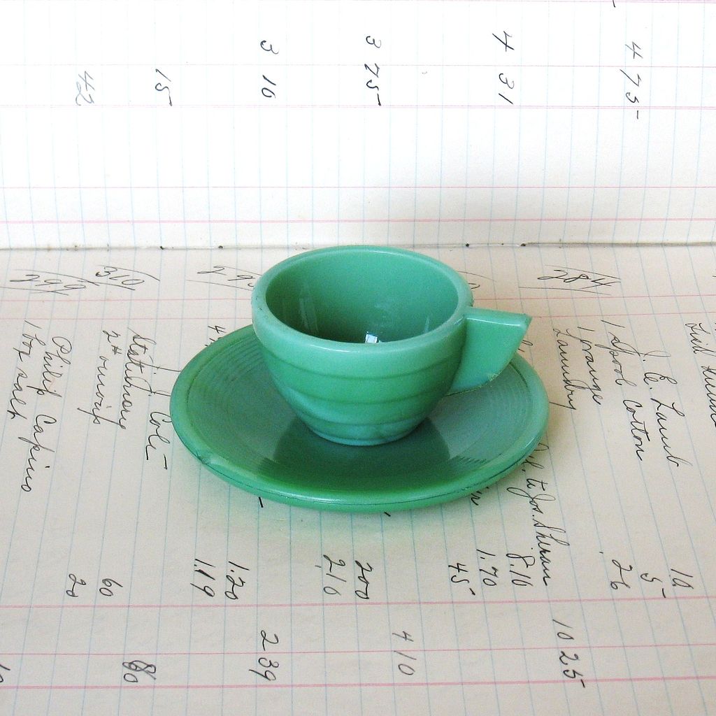Jadite Cup and Saucer, Child Size Fire-King Anchor Hocking. Jadite Cup and Saucer, Child Size Fire-King Anchor Hocking.