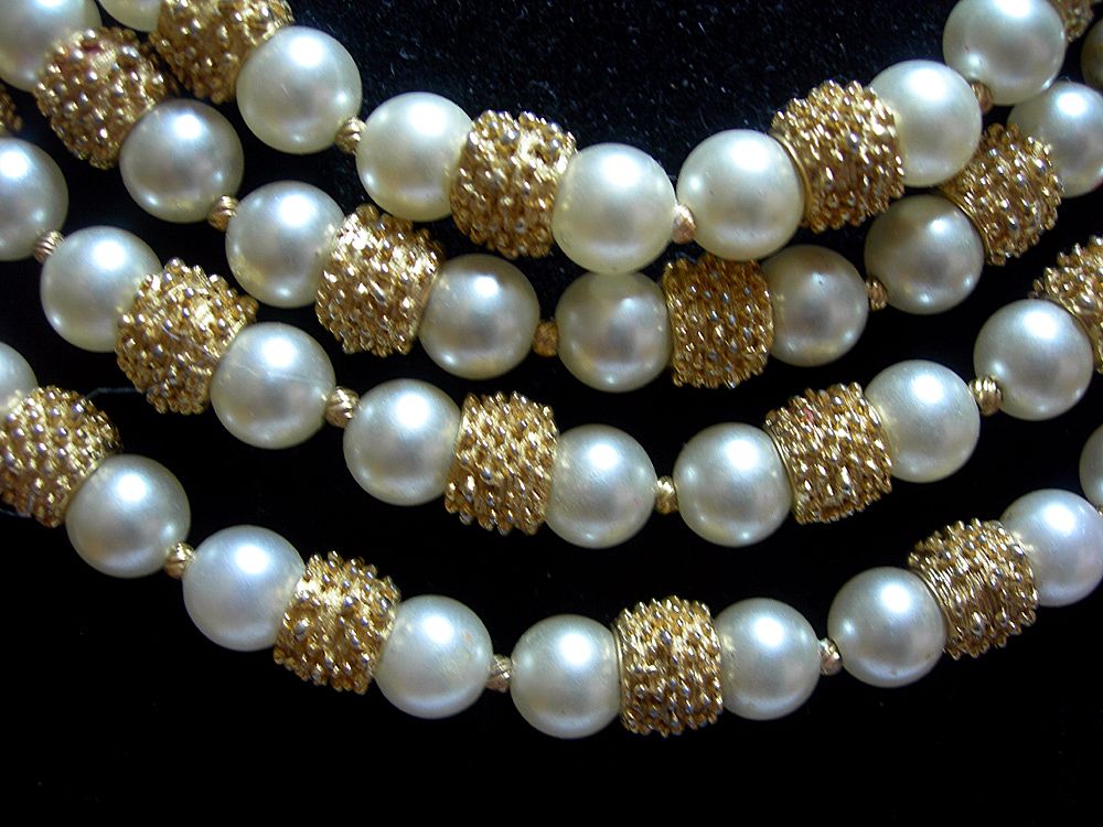Gorgeous 4 Strand Trifari Necklace with Textured Gold and Faux Pearl Beads Gorgeous 4 Strand Trifari Necklace with Textured Gold and Faux Pearl Beads