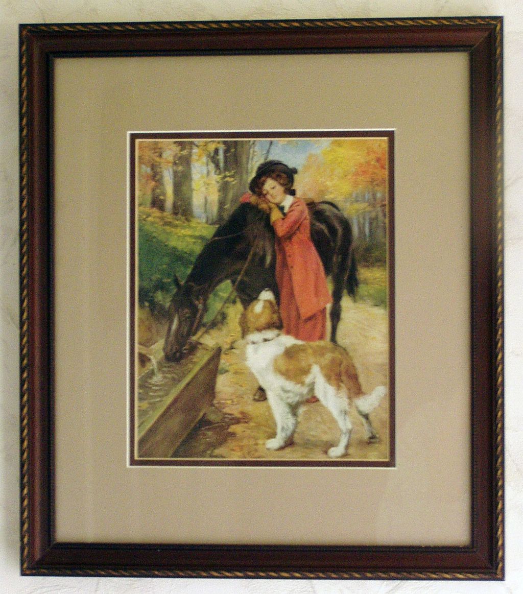 Framed antique lithograph, lady, horse and St. Bernard dog Framed antique lithograph, lady, horse and St. Bernard dog