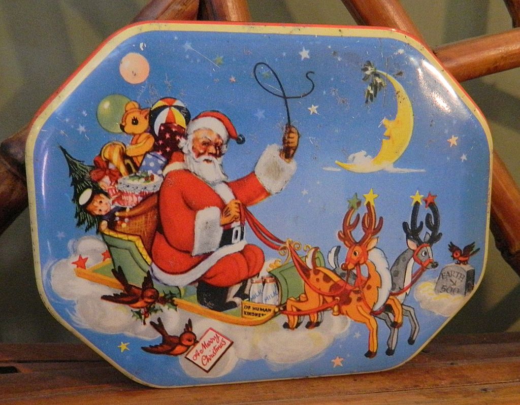 Vintage English Christmas tin, Santa, reindeer and sleigh Vintage English Christmas tin, Santa, reindeer and sleigh