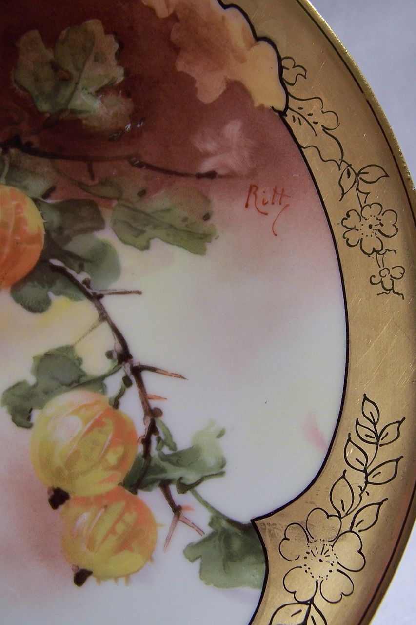 Intense Limoges France Conventional Gooseberry Plate hand painted by the Renown Brauer Studio Artist 'Ritter' Intense Limoges France Conventional Gooseberry Plate hand painted by the Renown Brauer Studio Artist 'Ritter'