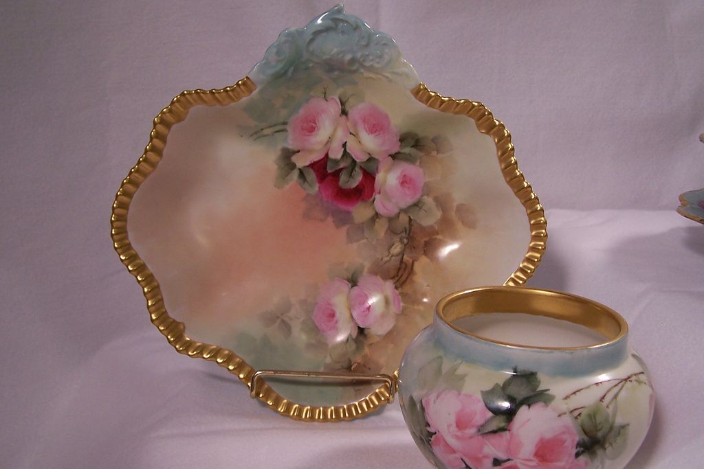 'Compassionate Pink & Red Tea Roses' Painted on Limoges Porcelain Handled Centerpiece Deep Bowl 'Compassionate Pink & Red Tea Roses' Painted on Limoges Porcelain Handled Centerpiece Deep Bowl