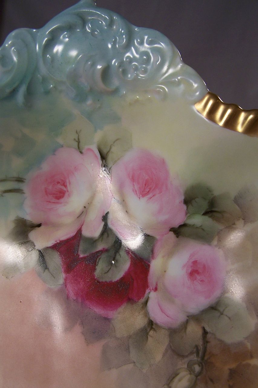 'Compassionate Pink & Red Tea Roses' Painted on Limoges Porcelain Handled Centerpiece Deep Bowl 'Compassionate Pink & Red Tea Roses' Painted on Limoges Porcelain Handled Centerpiece Deep Bowl