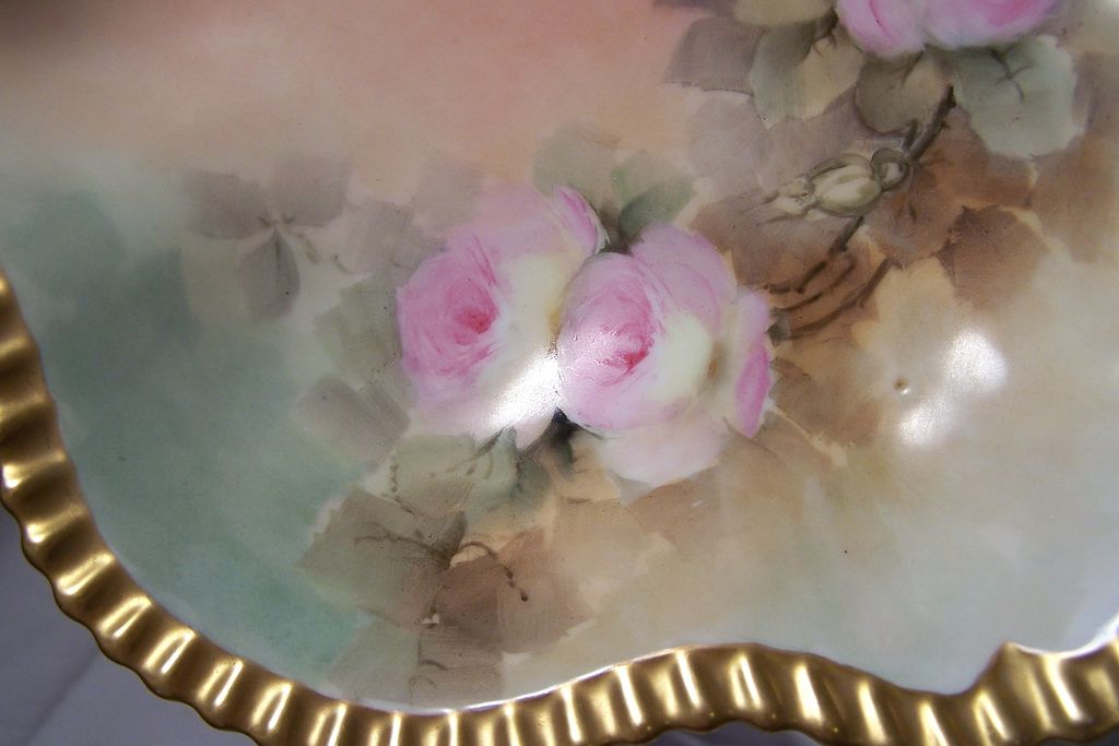 'Compassionate Pink & Red Tea Roses' Painted on Limoges Porcelain Handled Centerpiece Deep Bowl 'Compassionate Pink & Red Tea Roses' Painted on Limoges Porcelain Handled Centerpiece Deep Bowl