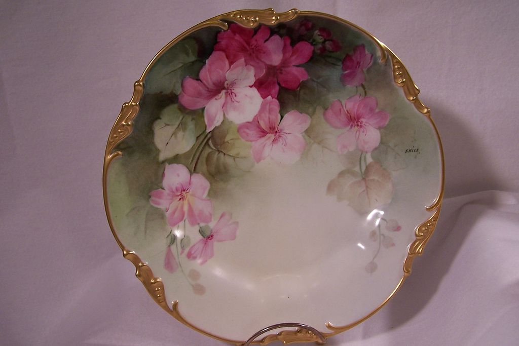 Hand Painted by the Master French Artist Emile Pouyat - "Wild Pink Geraniums" late 19th Century Art on Limoges France Antique Porcelain Plate 1of 2 Hand Painted by the Master French Artist Emile Pouyat - "Wild Pink Geraniums" late 19th Century Art on Limoges France Antique Porcelain Plate 1of 2