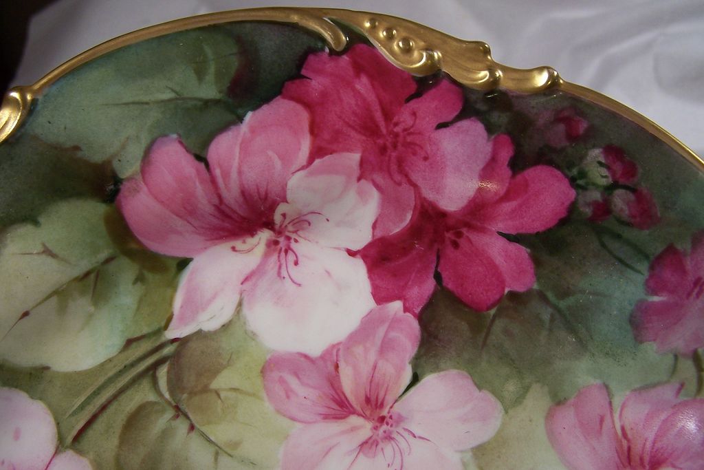 Hand Painted by the Master French Artist Emile Pouyat - "Wild Pink Geraniums" late 19th Century Art on Limoges France Antique Porcelain Plate 1of 2 Hand Painted by the Master French Artist Emile Pouyat - "Wild Pink Geraniums" late 19th Century Art on Limoges France Antique Porcelain Plate 1of 2