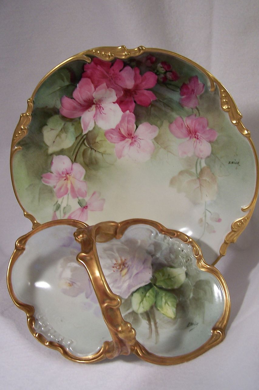 Hand Painted by the Master French Artist Emile Pouyat - "Wild Pink Geraniums" late 19th Century Art on Limoges France Antique Porcelain Plate 1of 2 Hand Painted by the Master French Artist Emile Pouyat - "Wild Pink Geraniums" late 19th Century Art on Limoges France Antique Porcelain Plate 1of 2