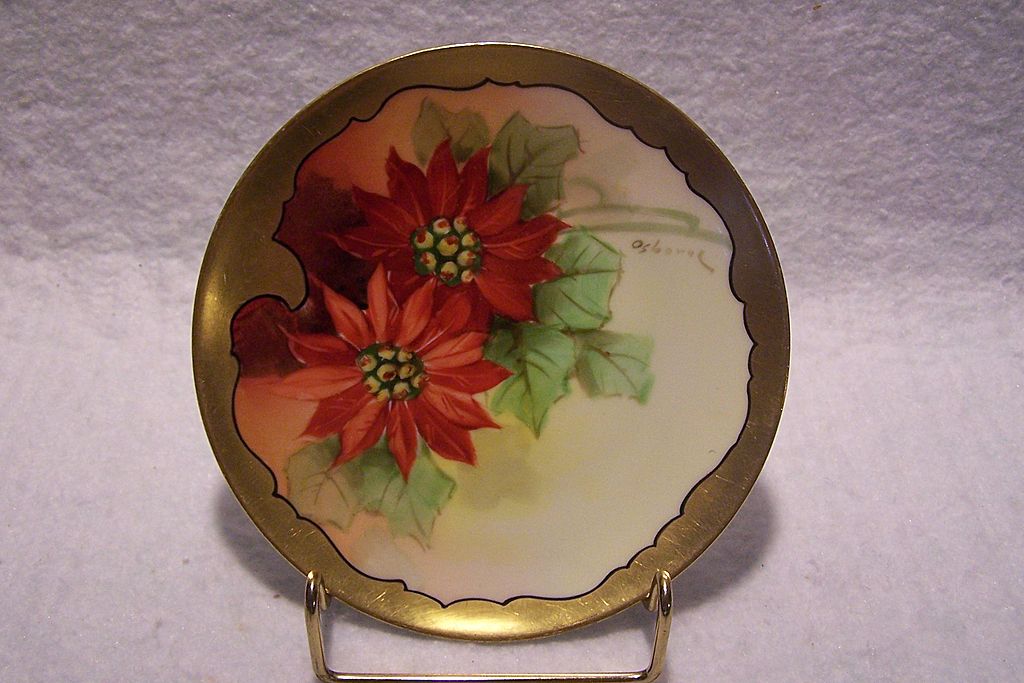"Poinsettia Bouquet~Original Antique Hand-Painted Plate Signed Osborne on a Bavarian Blank "Poinsettia Bouquet~Original Antique Hand-Painted Plate Signed Osborne on a Bavarian Blank